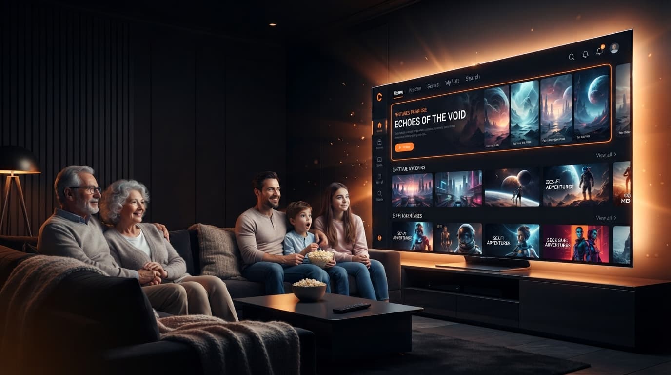 A family streaming premium 4K content together on a large living room TV